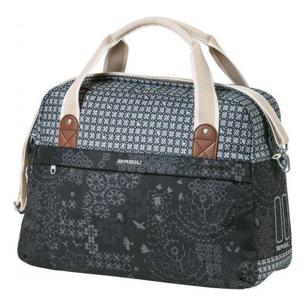 Basil Boheme Carry All fietstas enkel, 18 liter, hook-on systeem, zwart met stijlvolle details, geschikt voor stadsfietsen