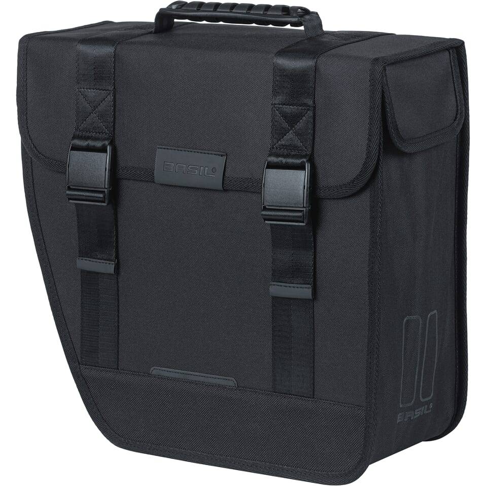 Zwarte Basil Tour linker fietstas van 14 liter, enkel model met hook-on systeem voor fiets accessoires.