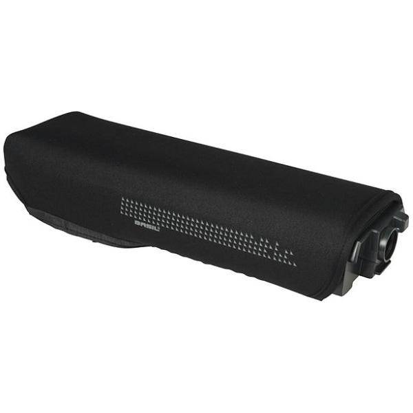 Zwarte Basil achteraccu hoes voor Bosch e-bike, neopreen beschermhoes met drageraccu, geschikt voor elektrische fietsen.