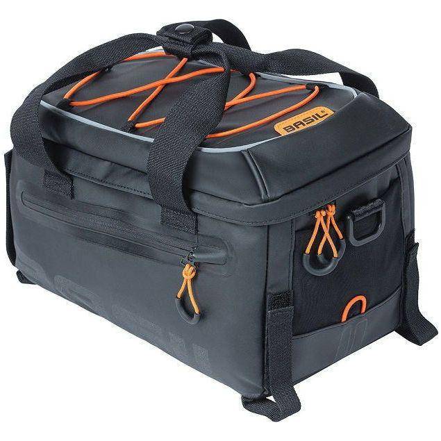 Basil Miles bagagedragertas in zwart-oranje, 7 liter tarpaulin, voor fietsbagage, met verstelbare riem en waterbestendige stof