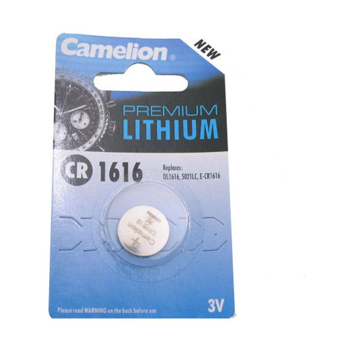 Camelion knoopcel batterij 3V CR1616 voor compacte elektronische apparaten, zichtbaar in de afbeelding.