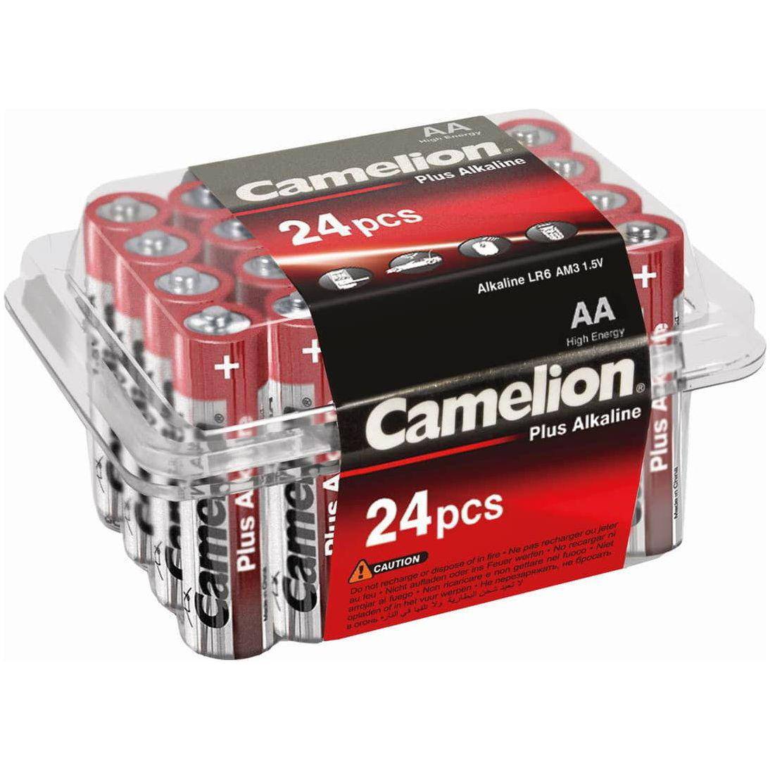 Set van 24 Camelion R6/Aa penlite alkaline batterijen in doos, geschikt voor diverse elektronische apparaten.