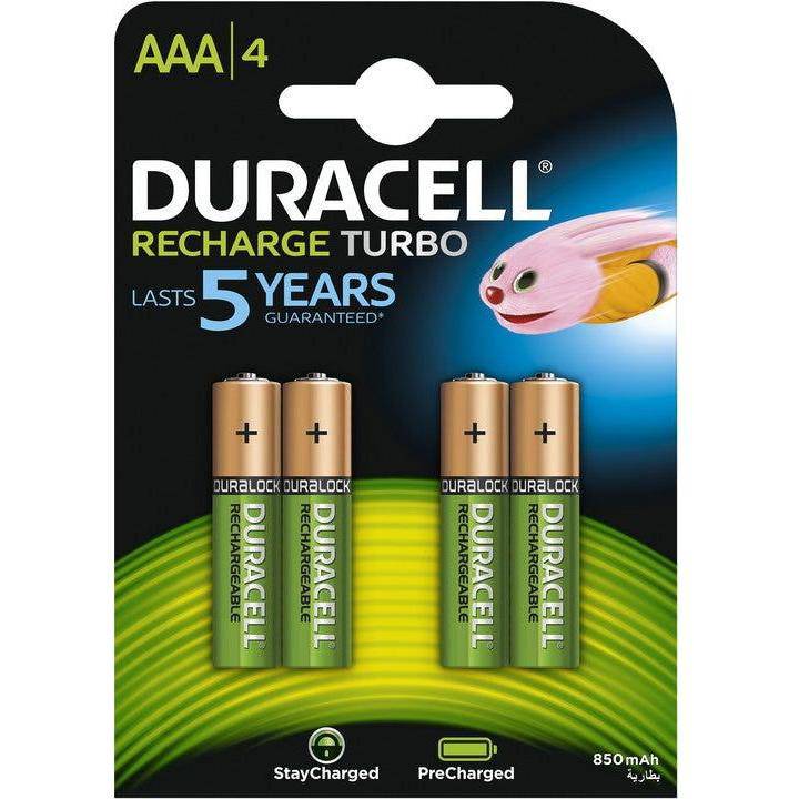 Set van vier oplaadbare Duracell AAA Batterijen HR03 NiMH 1.2V 750mAh, geschikt voor hergebruik.