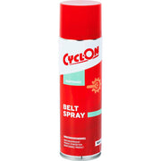 CyclOn Belt Spray smeermiddel voor riem- en riemwielaandrijving op een fiets, zichtbaar op de afbeelding.