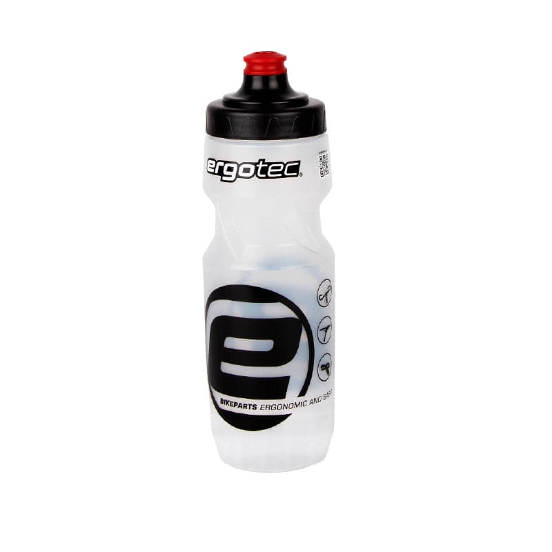 Witte en transparante Ergotec bidon van 750 ml, geschikt voor fietsen, met een ergonomisch ontwerp en schroefdop.