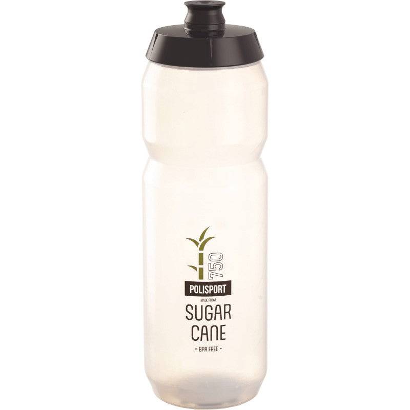 Transparante Polisport R750 bidon van 750 ml met suikerriet biobased materiaal, geschikt voor wielrenfietsen.