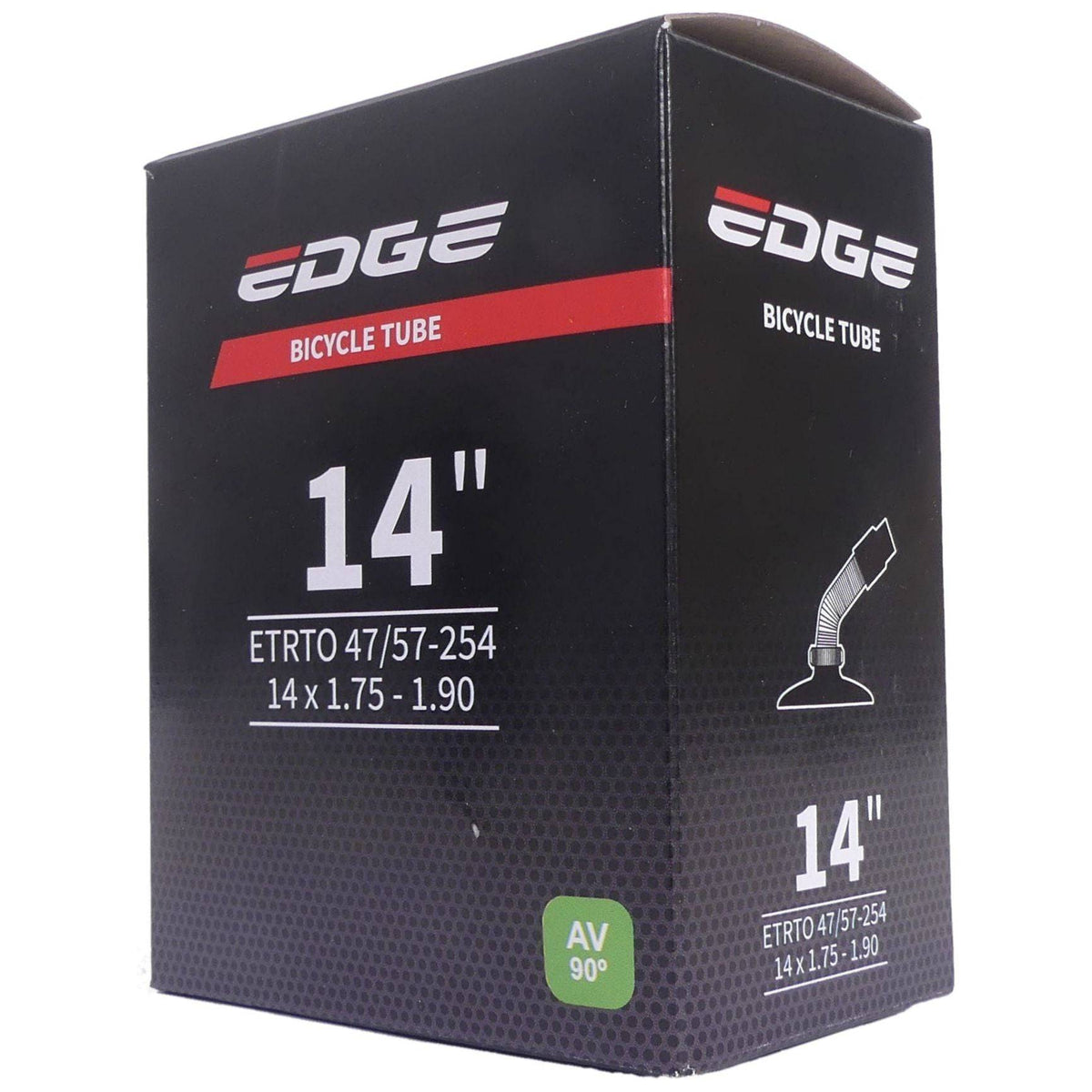Edge binnenband 14 inch 1,75-1,90" met AV-90 graden, geschikt voor fiets, ligt plat op een oppervlak.