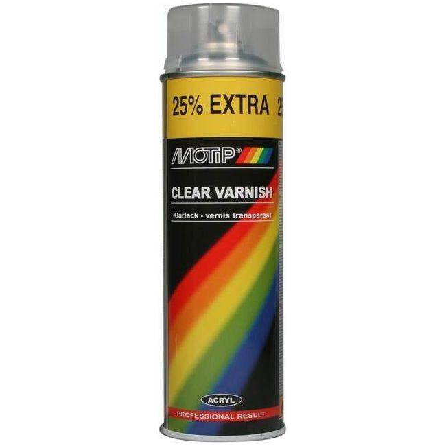 Blanke lak in spuitbus van Motip, 500 ml, voor een glanzende afwerking van diverse oppervlakken.