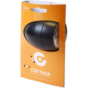 Cortina koplamp met batterij voor Amsterdam, helder licht, zwarte behuizing, geschikt voor fiets of scooter, close-up van de lamp.
