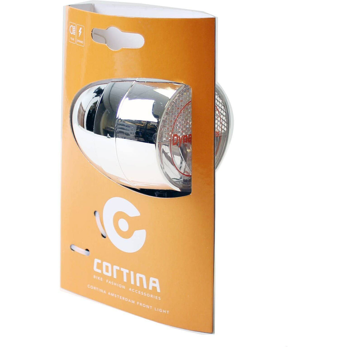 Chroom Cortina koplamp Amsterdam Dynamo met ronde vorm en bevestigingsbeugel, zichtbaar vanaf de voorkant.