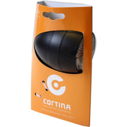 Cortina koplamp Amsterdam Dynamo, zwart metalen frame en helder glas, fietsaccessoire voor goede zichtbaarheid.