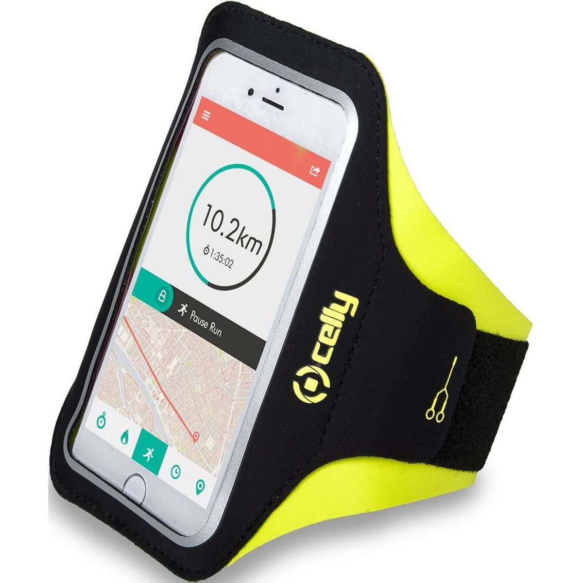 Gele Celly armband XXL smartphonehouder met verstelband, ideaal voor sporten en fitnessactiviteiten.