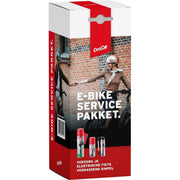 CyclOn E-bike servicepakket met reiniging en bandenreparatie, inclusief gereedschap en schoonmaakmiddelen voor onderhoud.