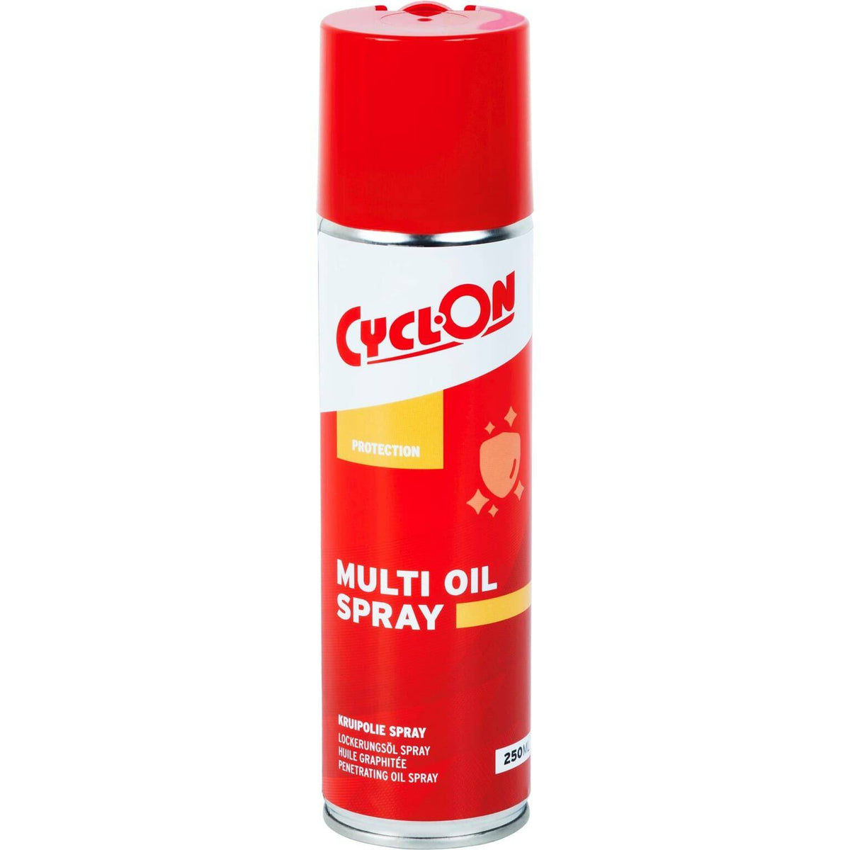 CyclOn Multi Oil 250 ml kruipolie spray, snel penetreert, ideaal voor onderhoud en smering van machines en metalen onderdelen.