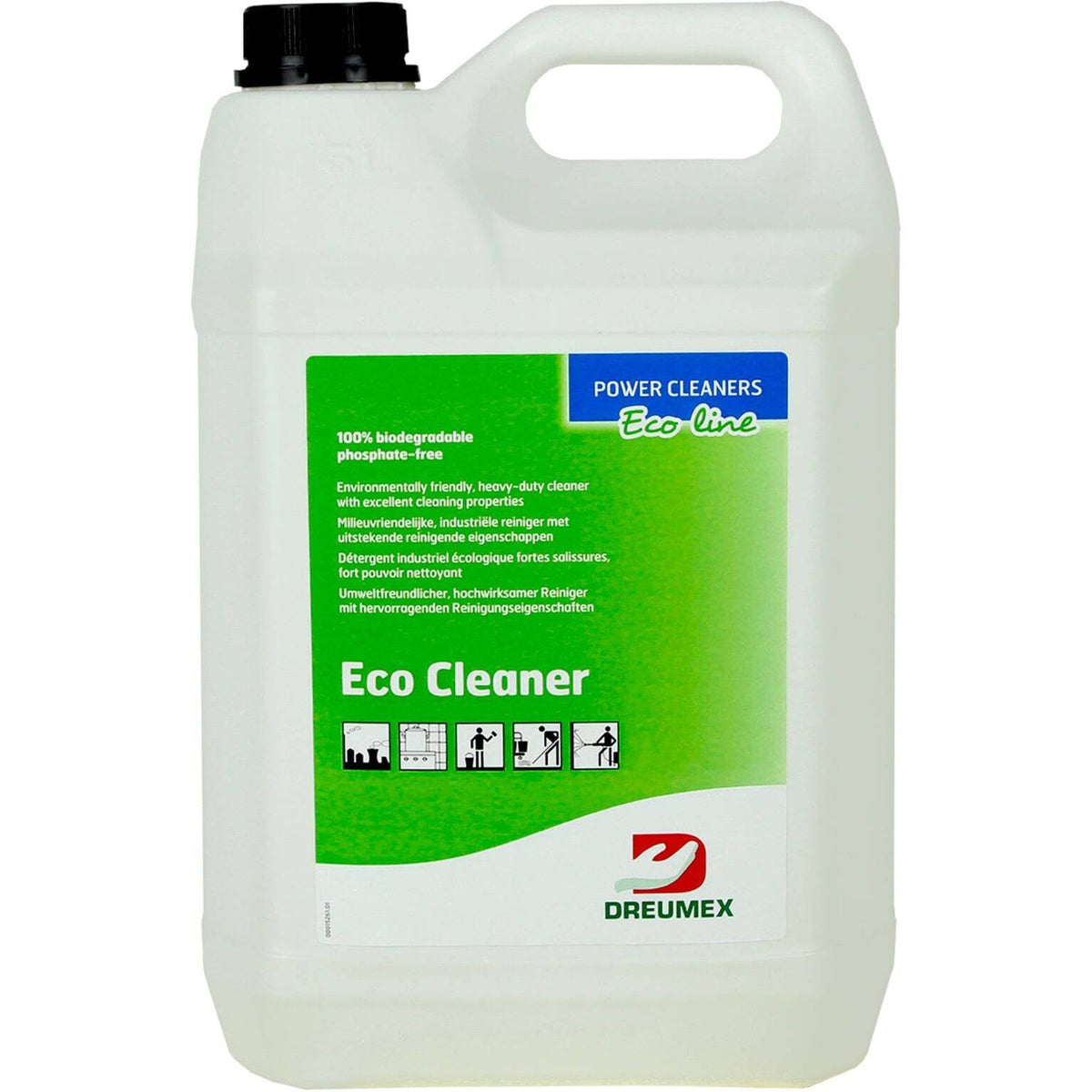 Dreumex Eco Cleaner in een 5-liter fles, groene vloeistof voor industriële reiniging en onderhoud.
