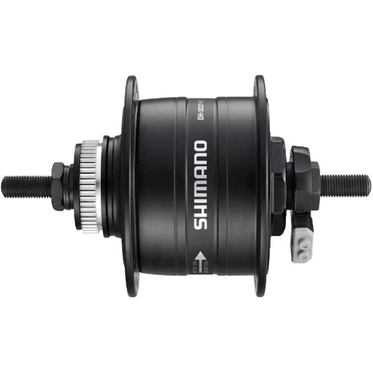 Shimano Dynamonaaf Adh3D37Dbl 36H 6V 3W Centerlock zwart, scherp zicht op de zwarte wielnaaf met centerlock montage.