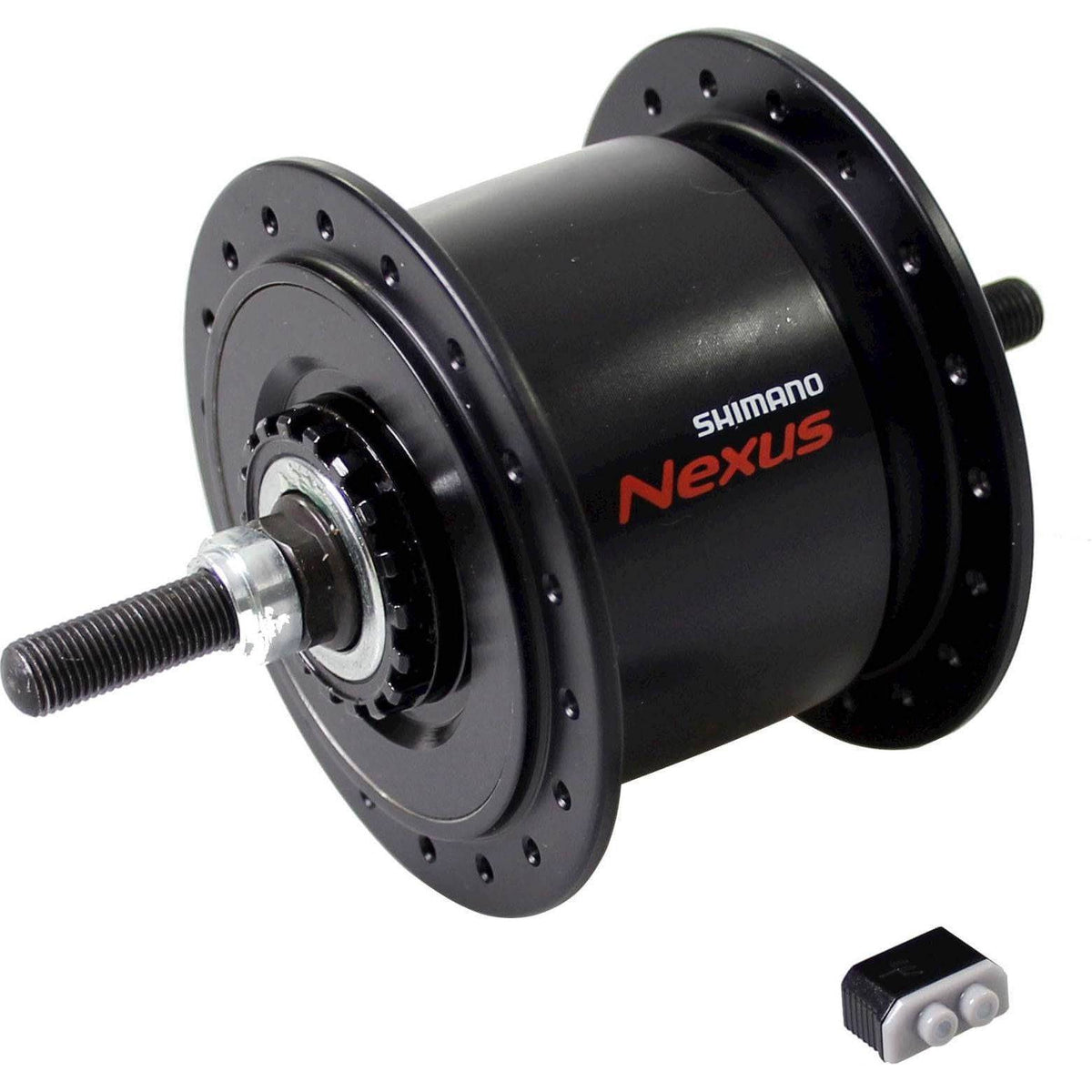Shimano DH-C6000 6V 3W dynamonaaf voor vaste as, zichtbaar op de afbeelding met bevestigingsonderdelen en merklogo.