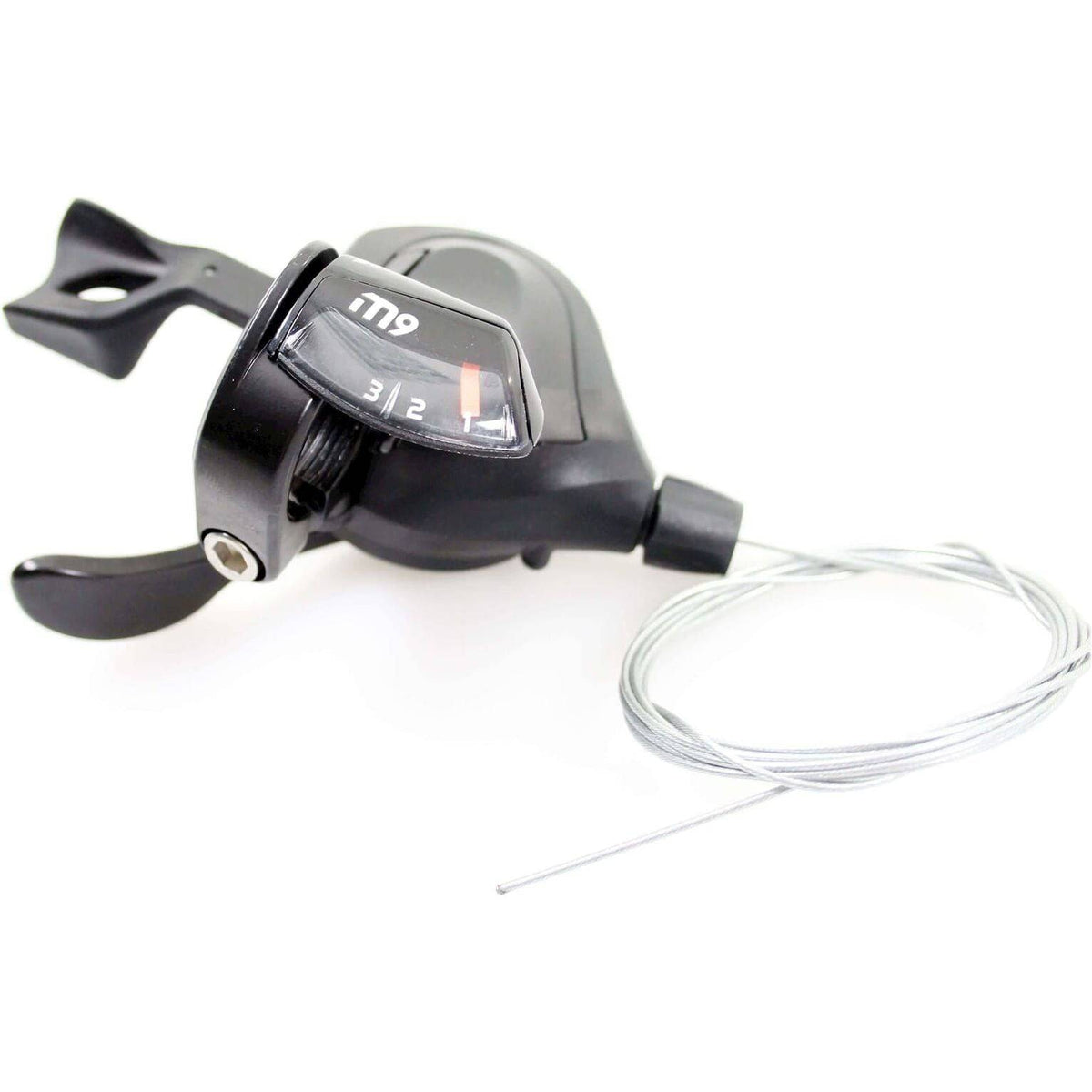 Sunrace Versteller Dlm903 L 3V, drievoudige versnellingshifter voor fiets, zwart met bedieningshendels, zichtbaar in close-up.