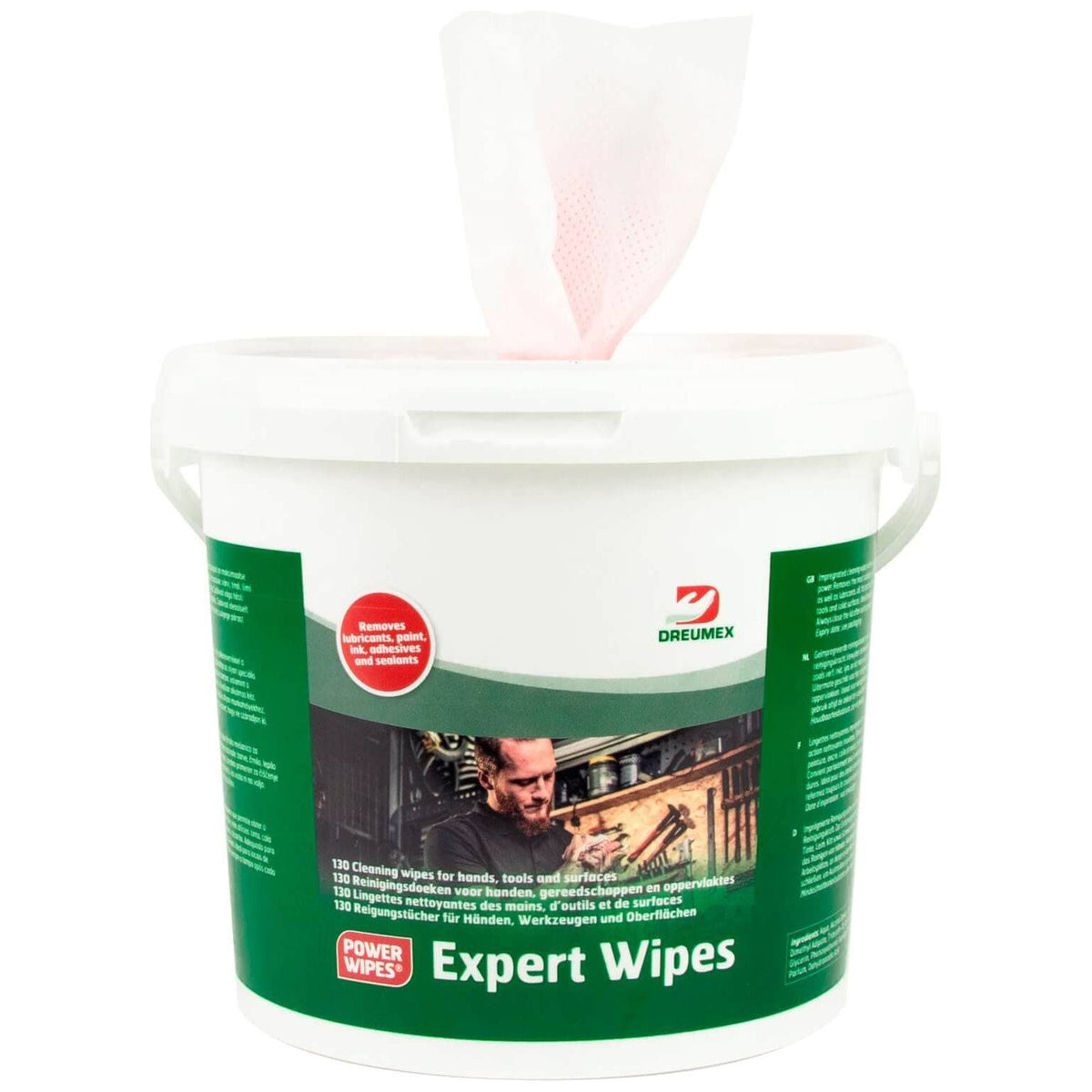 Dreumex Wipes Expert vloeistoffen en pasta, zachte reinigingsdoekjes voor professionele huidverzorging, zichtbare verpakking.