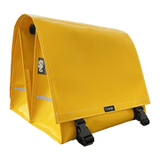 Gele dubbele Clarijs fietstas van PVC met uitsparing, ruime 46 liter capaciteit, geschikt voor fietsgebruik.