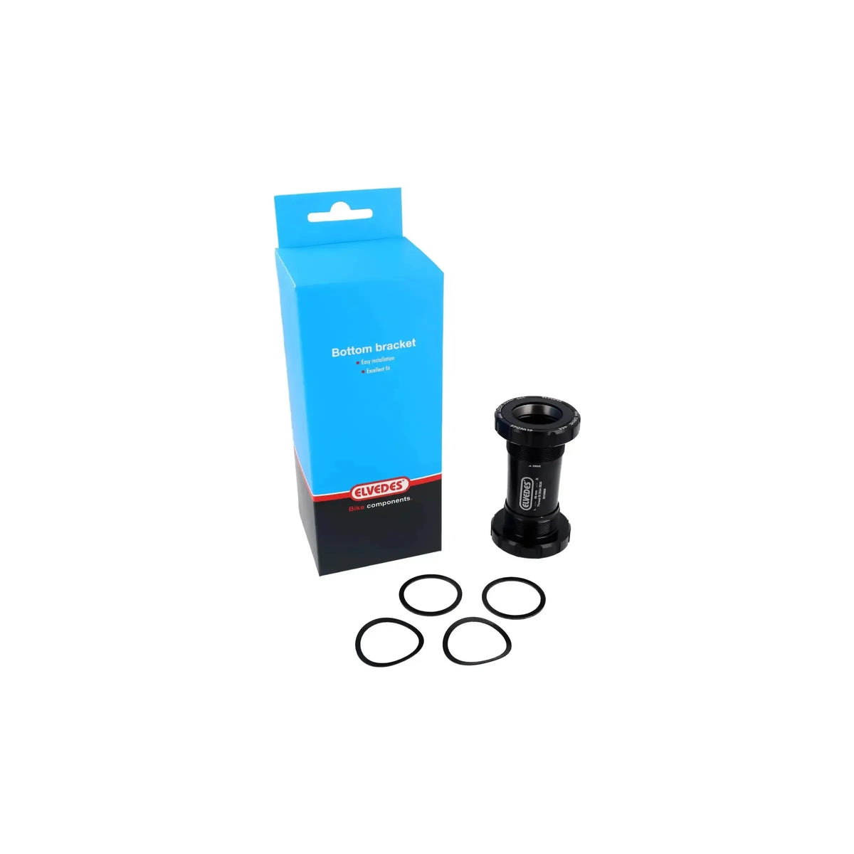 Zwarte Elvedes Trapas Cupset Threadfit IB30 BSA voor fiets, zichtbaar met trapas en bijpassende onderdelen op de afbeelding.