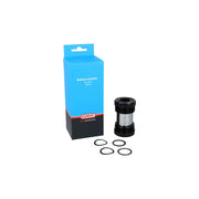 Zwarte Elvedes Trapas Cupset Threatfit T47 Shimano 68mm, zicht op de trapas en bevestigingsonderdelen voor fietsen.