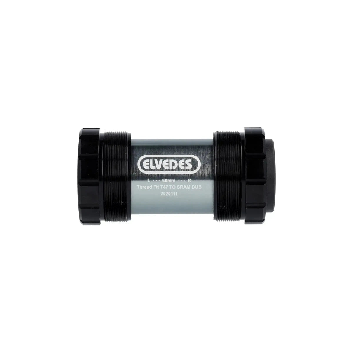 Elvedes Trapas Cupset Threatfit T47 DUB 68mm, zwart, zichtbaar in de afbeelding met trapas en bijhorende onderdelen.