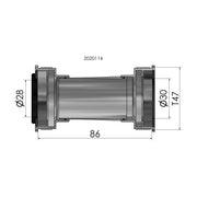Zwarte Elvedes Trapas Cupset Threatfit T47 Praxis 86mm voor bike, zichtbaar met geïntegreerde onderdelen op de afbeelding.