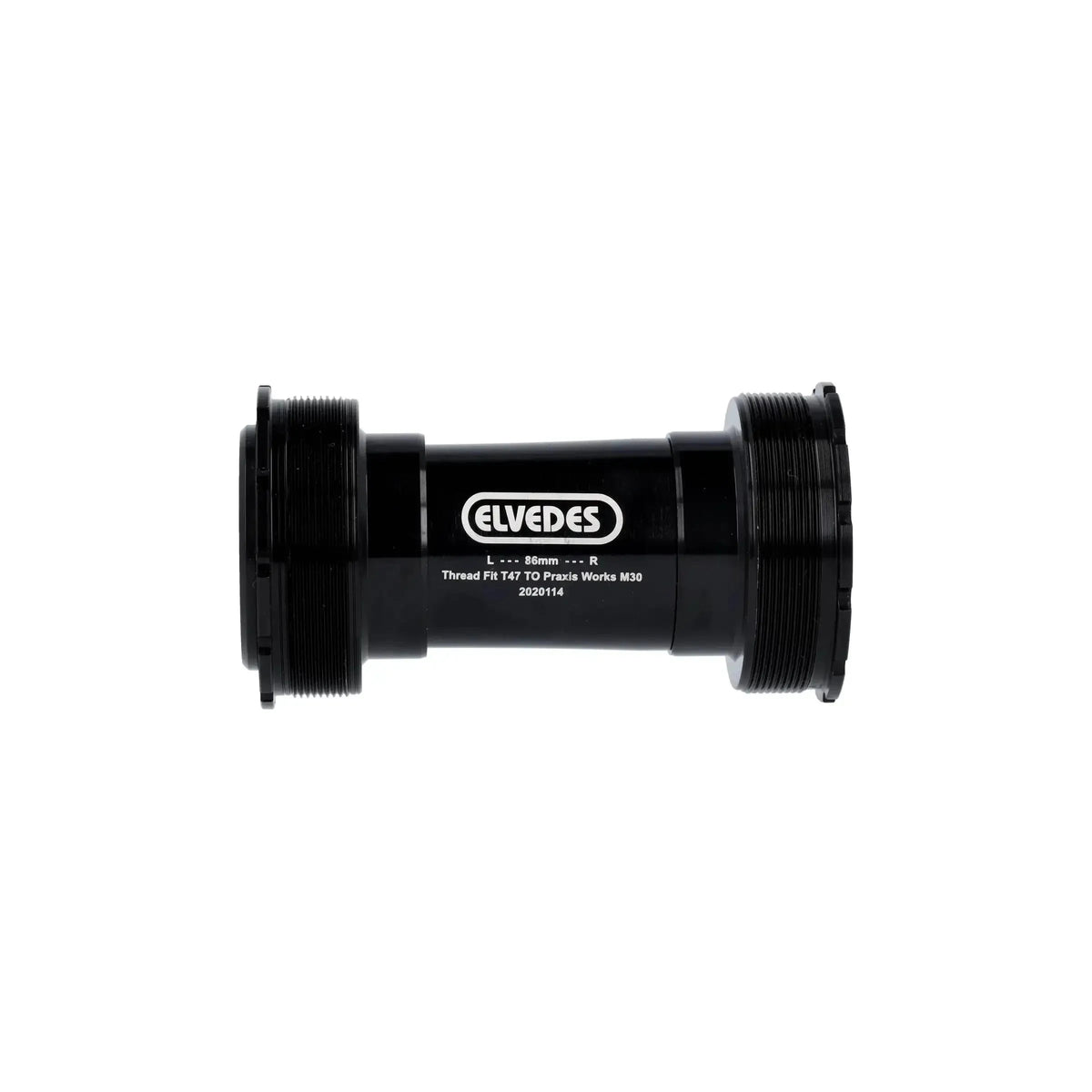 Zwarte Elvedes Trapas Cupset Threatfit T47 Praxis 86mm voor fiets, zichtbaar met trapas en componenten op afbeelding.