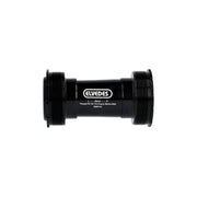 Zwarte Elvedes Trapas Cupset Threatfit T47 Praxis 86mm voor fiets, zichtbaar met trapas en componenten op afbeelding.