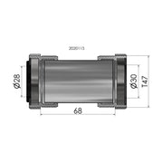 Elvedes Trapas Thread Fit T47 Praxis Intern 68 mm, close-up van de fietstrapas met interne T47 draad en 68 mm lengte.