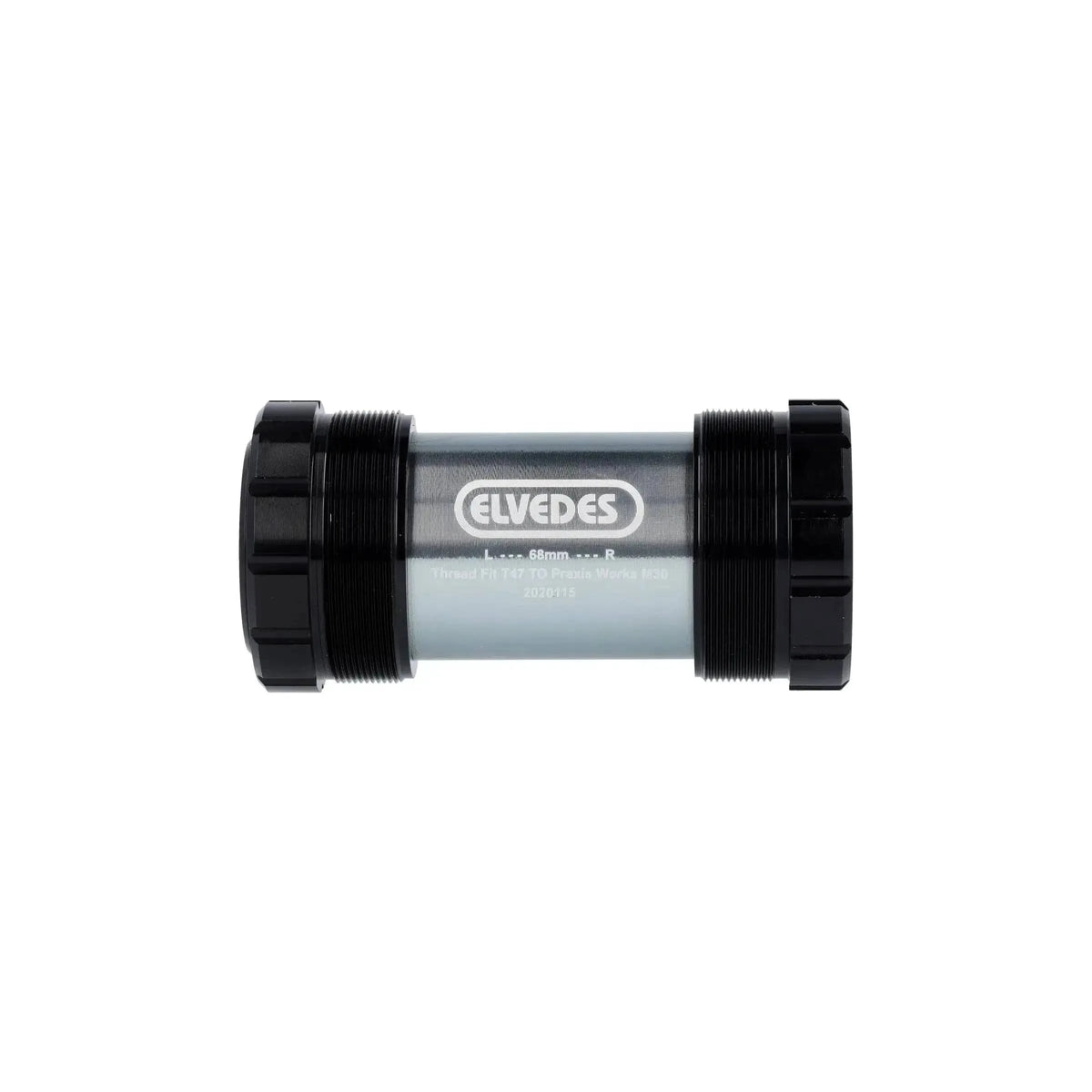 Elvedes Trapas Thread Fit T47 Praxis Intern 68 mm, zwart, geschikt voor fietsonderdelen, close-up van de trapas en schroefdraad