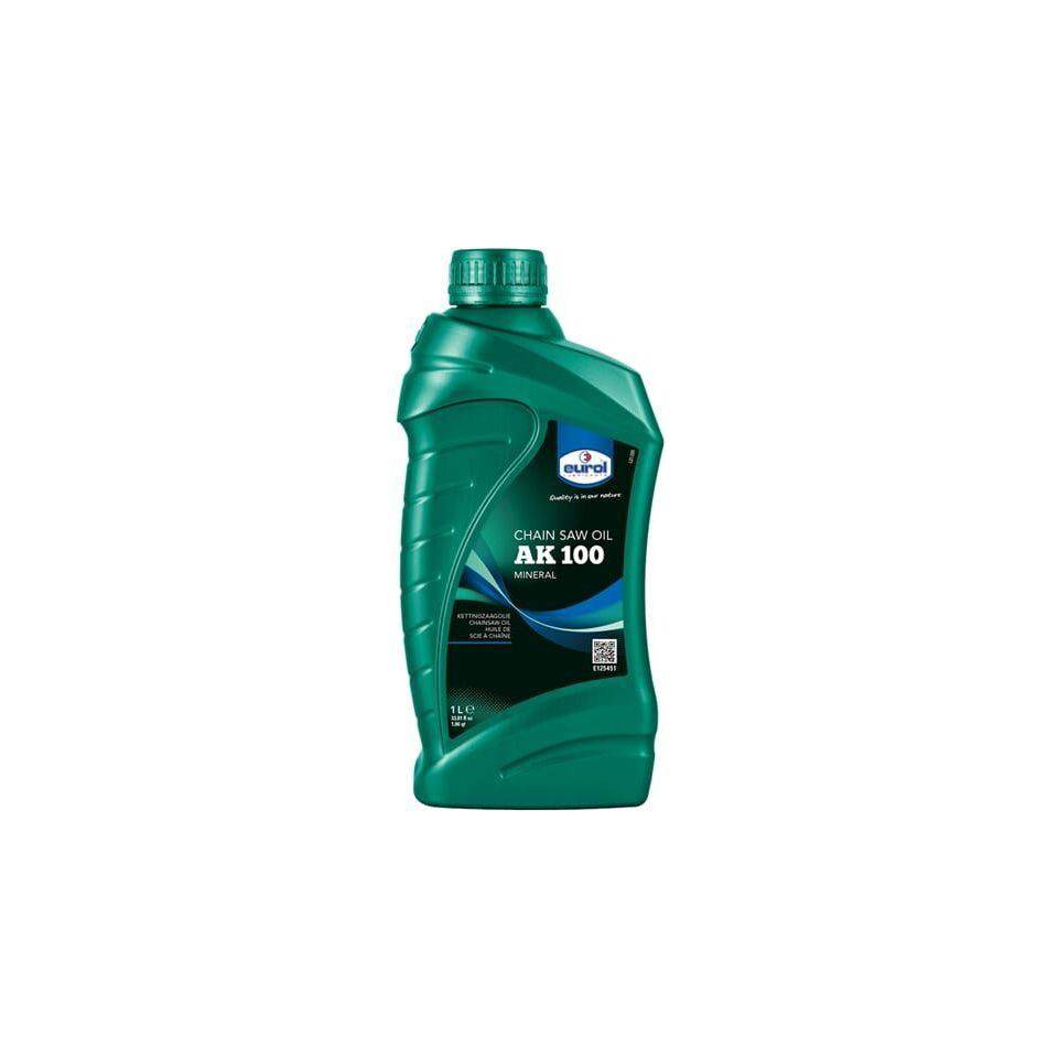 Eurol kettingzaagolie 1 liter in een groene fles, geschikt voor smeren en onderhouden van zaagkettingen.
