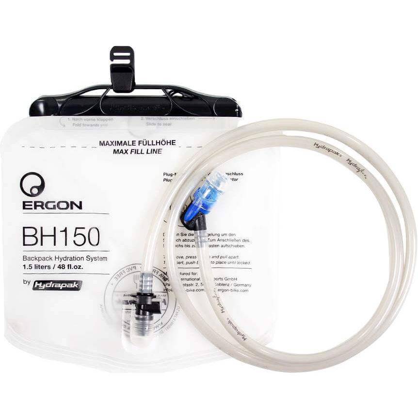 Ergon BH150 waterzak en drinksysteem van 1,5 liter, geschikt voor fietstassen en accessoires, zichtbaar in de afbeelding.