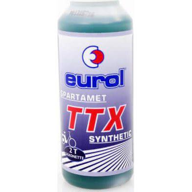 Eurol Spartam Olie Synth 50ml flesje met olie en spaarvul voor motoronderhoud, gedetailleerde close-up op productverpakking