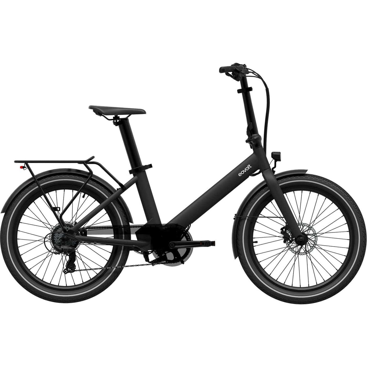 Compacte Eovolt elektrische vouwfiets Evening 24 V2 met zwarte frame en verstelbaar stuur, klaar voor stadsritten.