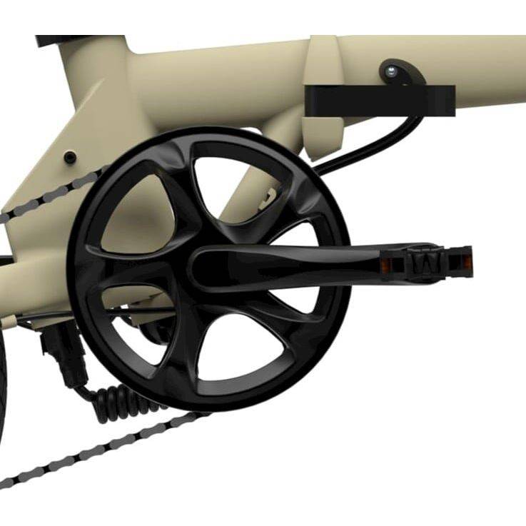 Zwart Eovolt stadsfiets crankstel 52T V2 voor 16/20 inch wielen, zichtbaar met ketting en montage onderdelen.