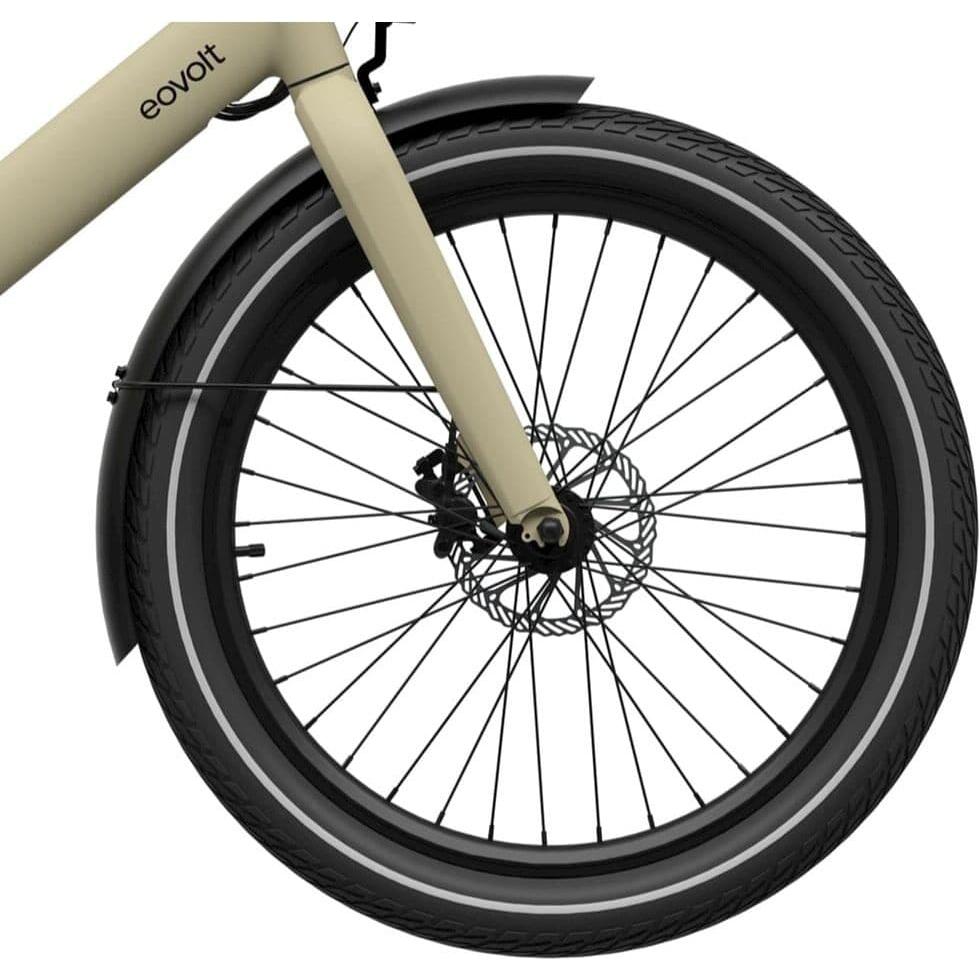 Zwart Eovolt voorwiel voor elektrische fiets, zichtbaar met bevestigingspunten en wielrand, geschikt voor Eovolt modellen.