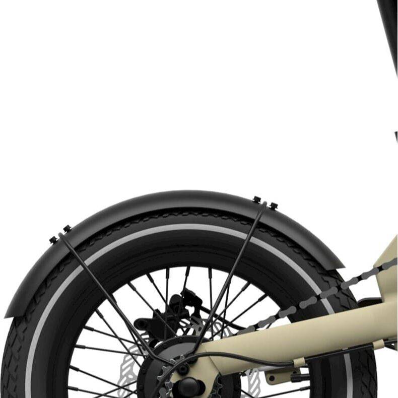 Zwart achter spatbord voor 16 inch Eovolt fiets met spatbordstangen, zichtbaar op de fiets in de afbeelding