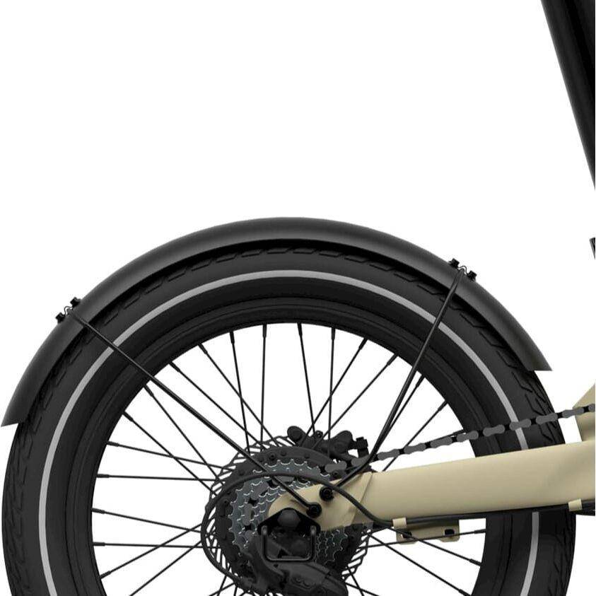 Zwart achter spatbord voor Eovolt fiets met 20 inch wiel, inclusief spatbordstangen, op een witte achtergrond.