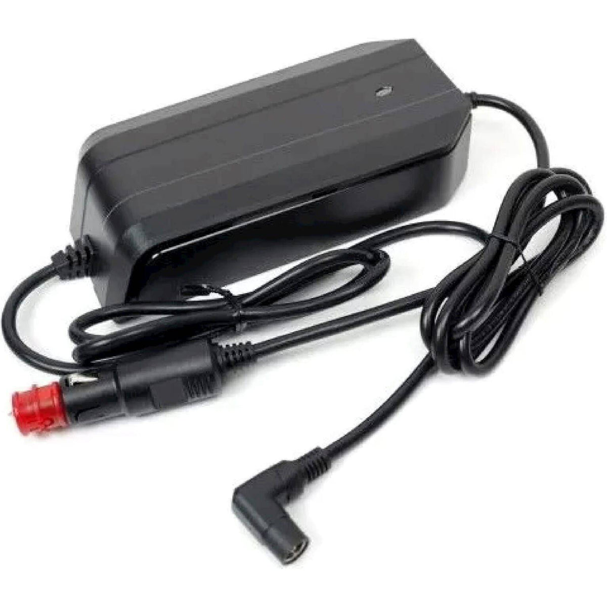 Eovolt Reislader 12V acculader met compact ontwerp en oplaadklemmen, geschikt voor reizen en buitengebruik.