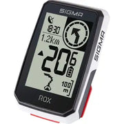 Sigma Fietscomputer Rox 2.0 Endurance GPS in wit, toont de GPS-scherm en bedieningsknoppen op de fietscomputer.