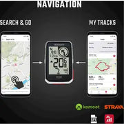 Sigma fietscomputer Rox 2.0 Endurance GPS in wit, close-up van het display en bedieningsknoppen op een fiets.