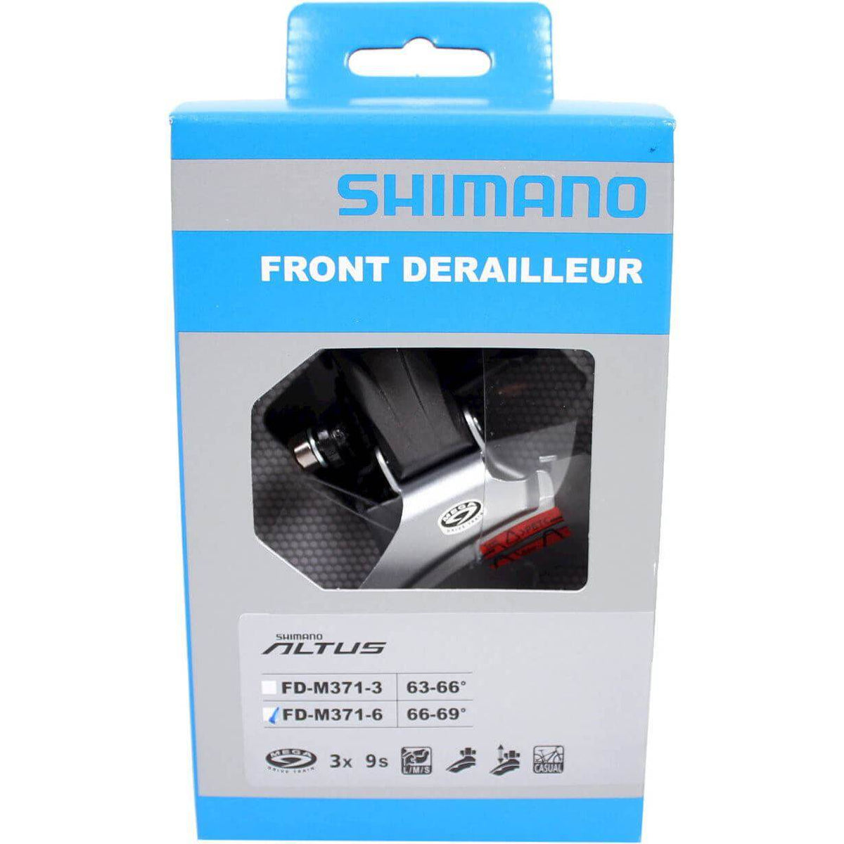 Shimano Altus M371 voorderailleur voor 3x9 versnellingen, dual pull, geschikt voor 28,6 en 34,9 mm framebuizen.