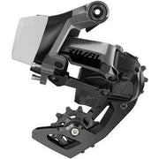 Zwart Sram Apex AXS XPLR D1 12V achterderailleur met 44T kettingblad, gedetailleerde close-up met kabel en mechanisme