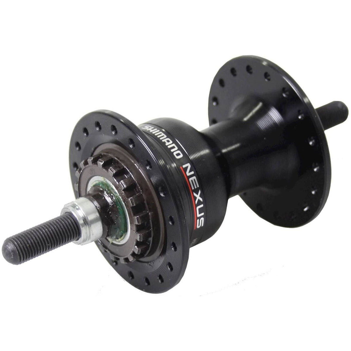 Shimano Nexus voornaaf met rollerbrake en zwarte huls, geschikt voor stads- en toerfietsen, zichtbaar in de afbeelding.