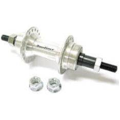Zwarte Sunrace achternaaf met aluminium body en freewheel, geschikt voor racefietsen, zichtbaar met snelspanner en spatbordmontage.
