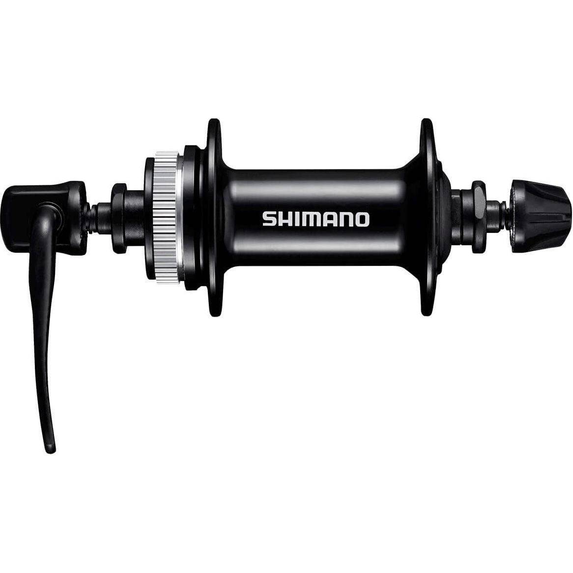 Zwarte Shimano MT200-B voornaaf met Centerlock disc compatibiliteit en 100/32 mm as, zichtbaar in de afbeelding.