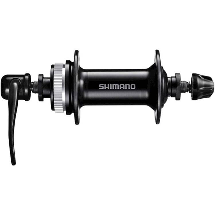 Shimano HB-QC300 Tourney voornaaf, 100 mm, 36 versnellingen, centerlock, zwart, voor fiets wiel, close-up van de voornaaf