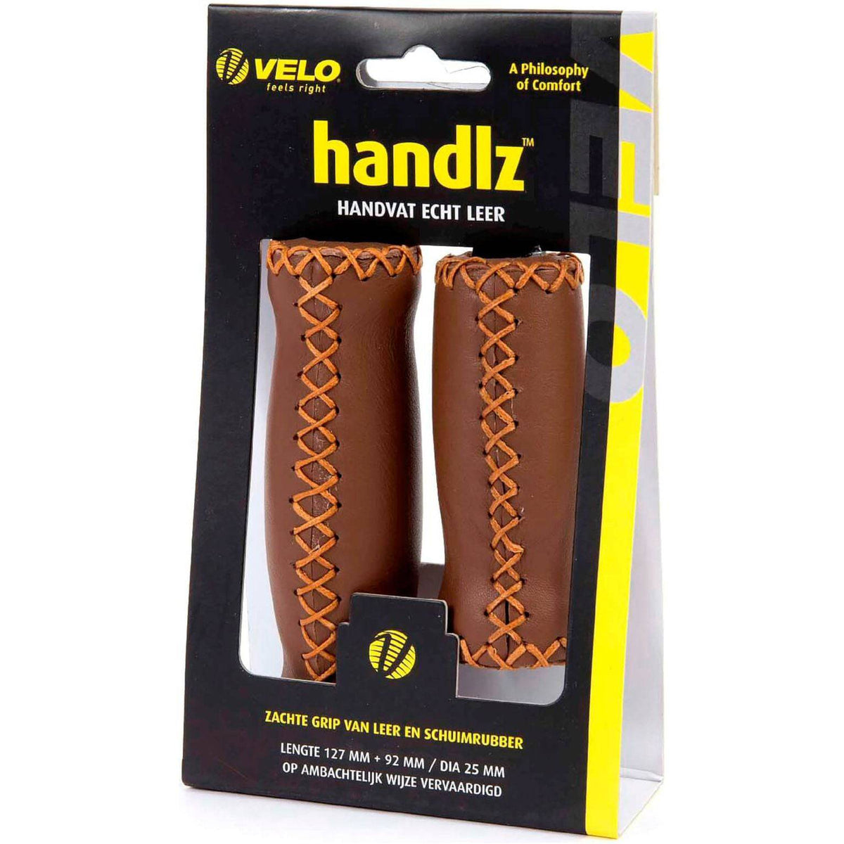 Set van twee bruine leren handvatten van Velo, 127 mm lang, geschikt voor fietsgebruik, met een stevige en stijlvolle afwerking.